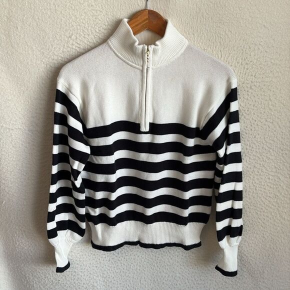 J Crew Striped‎ half-zip sweater with pearl zipper Womens Small Navy White - Picture 1 of 11